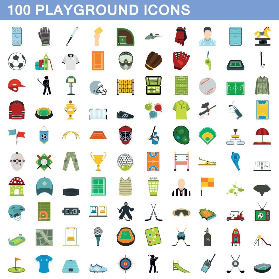 Ensemble de 100 icônes de terrain de jeu, style plat vecteur