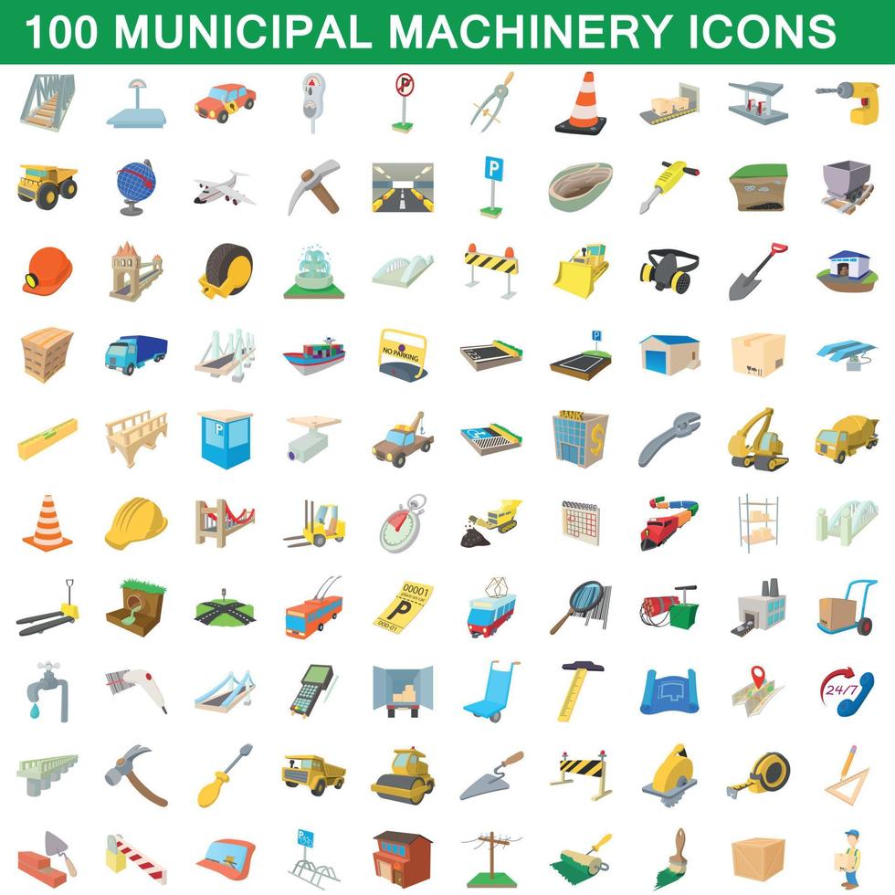 Ensemble de 100 icônes de machines municipales, style dessin animé vecteur