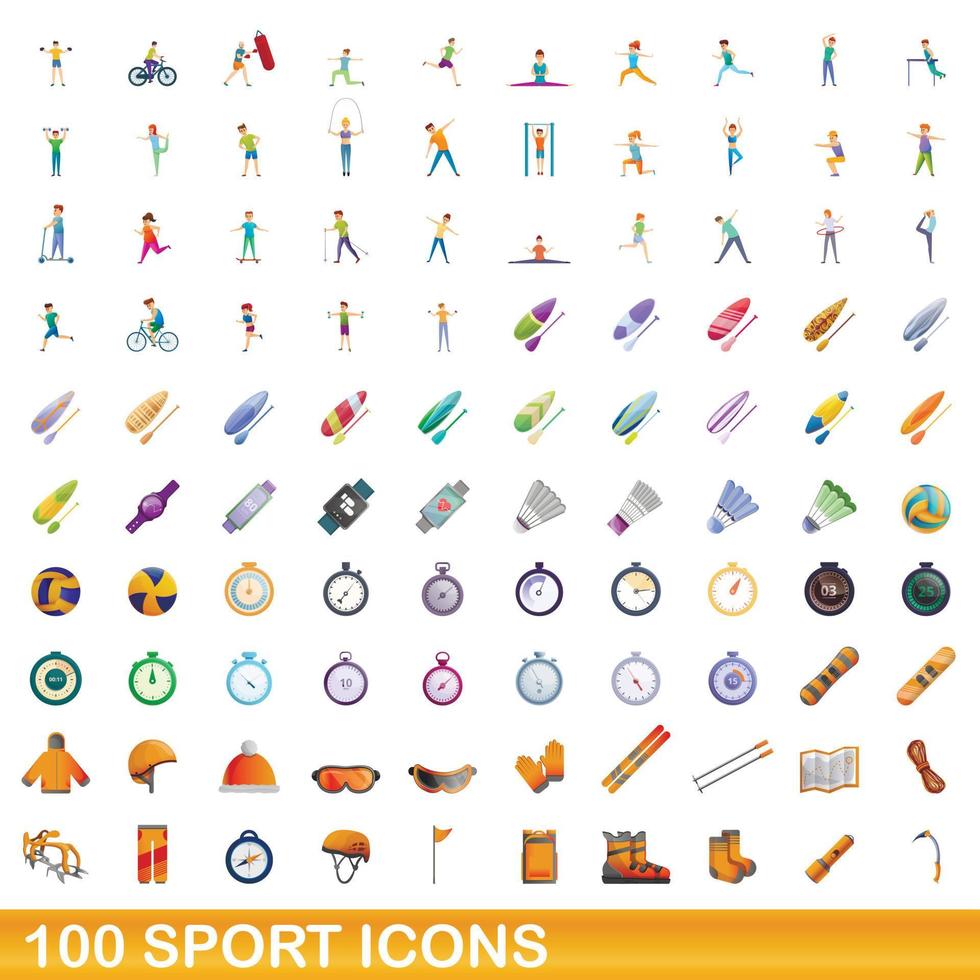 Ensemble de 100 icônes de sport, style cartoon vecteur