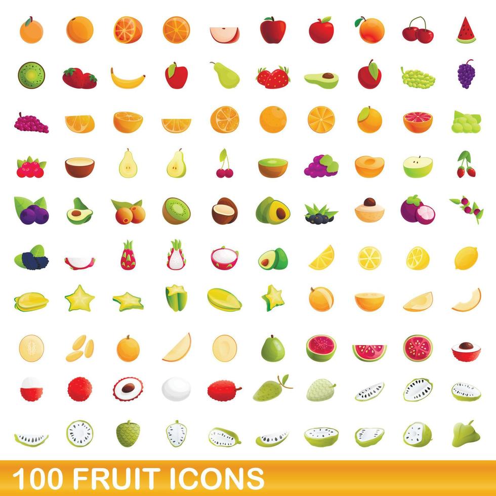 Ensemble de 100 icônes de fruits, style dessin animé vecteur