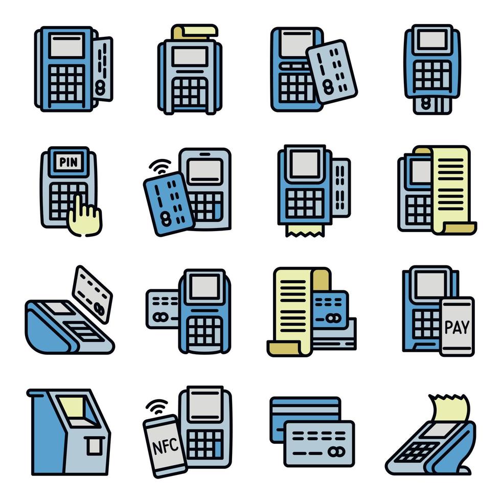 ensemble d'icônes de terminal bancaire, style de contour vecteur