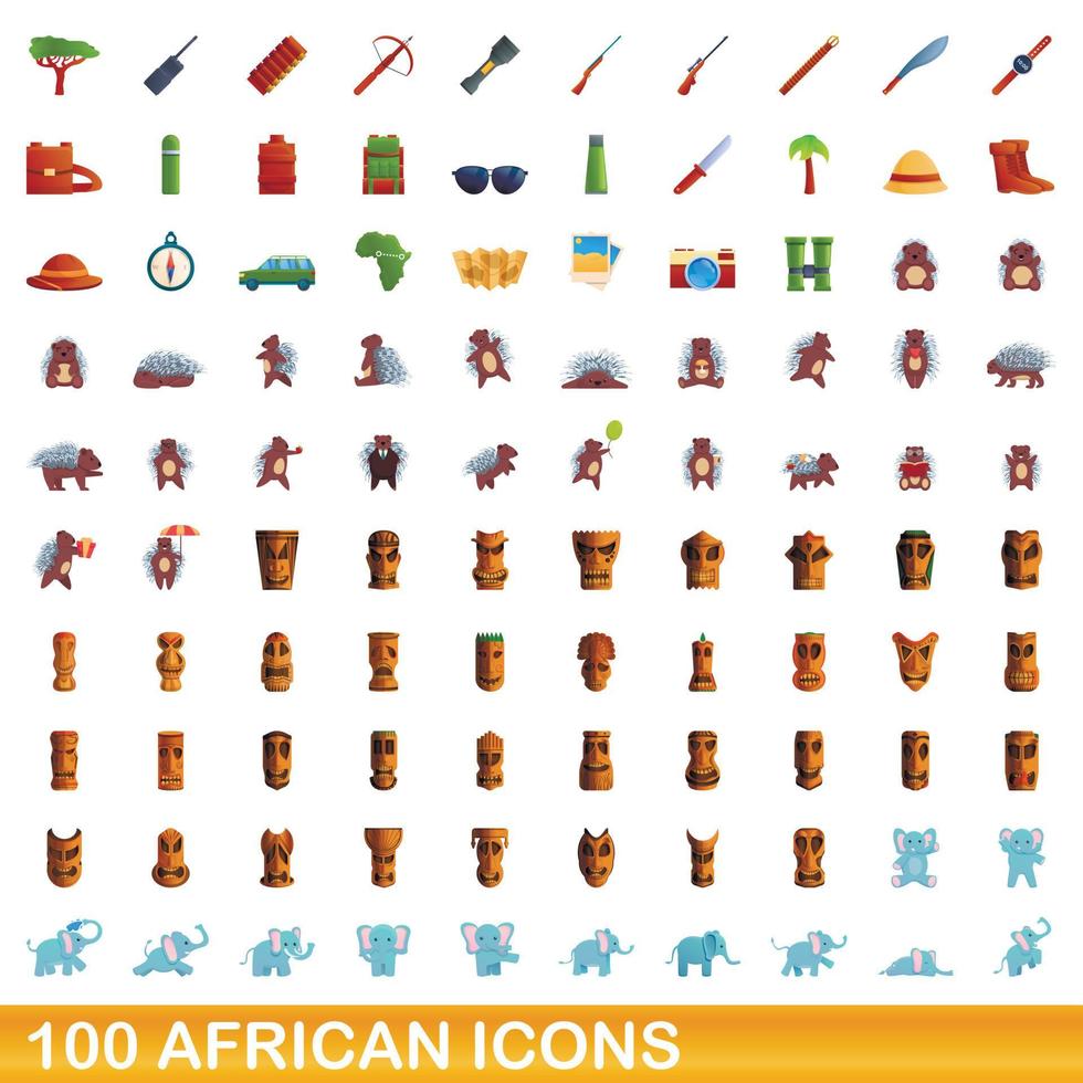Ensemble de 100 icônes africaines, style dessin animé vecteur