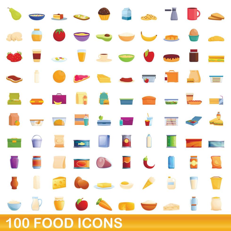 Ensemble de 100 icônes alimentaires, style dessin animé vecteur