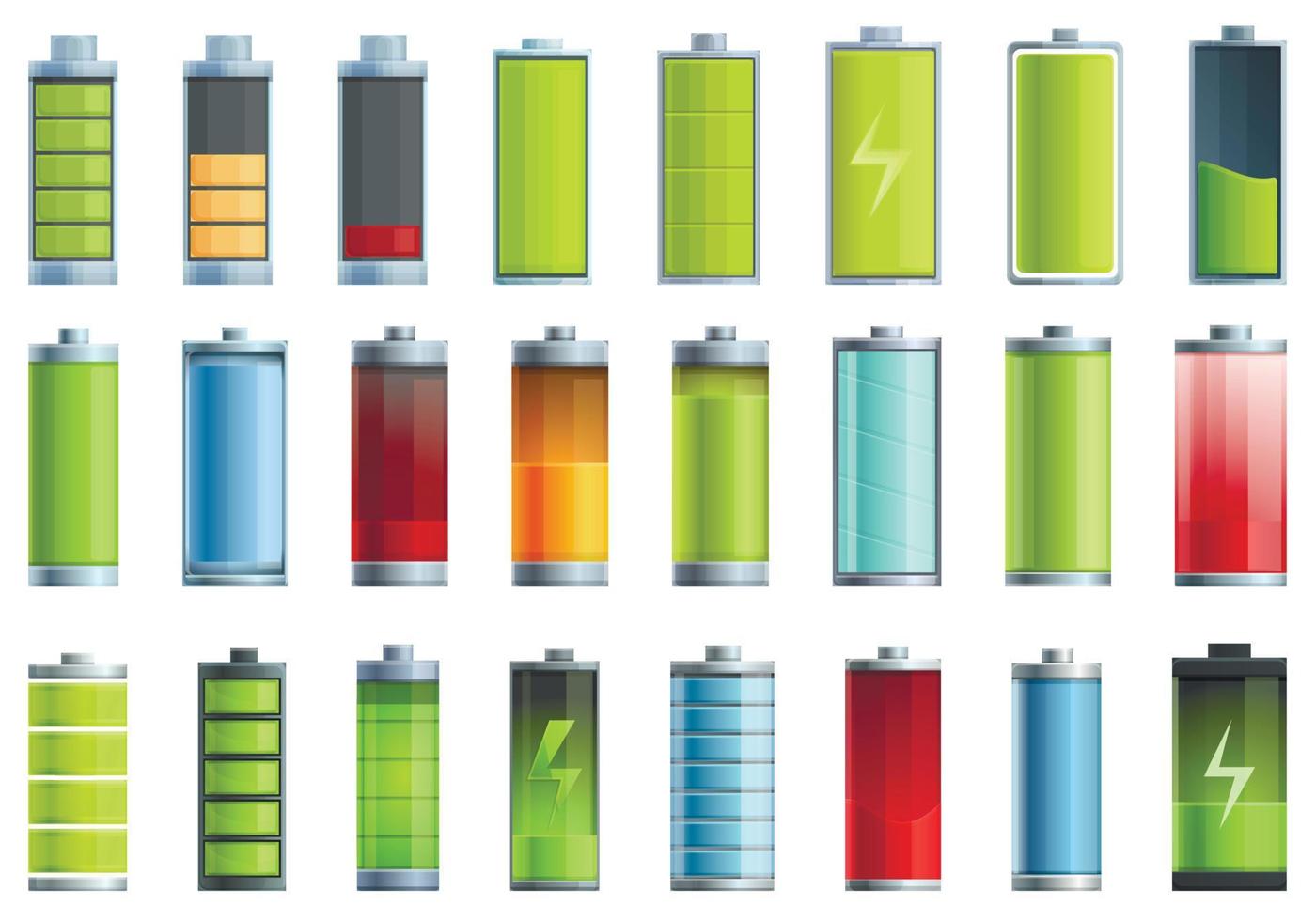 les icônes de charge de la batterie définissent le vecteur de dessin animé. frais d'électricité