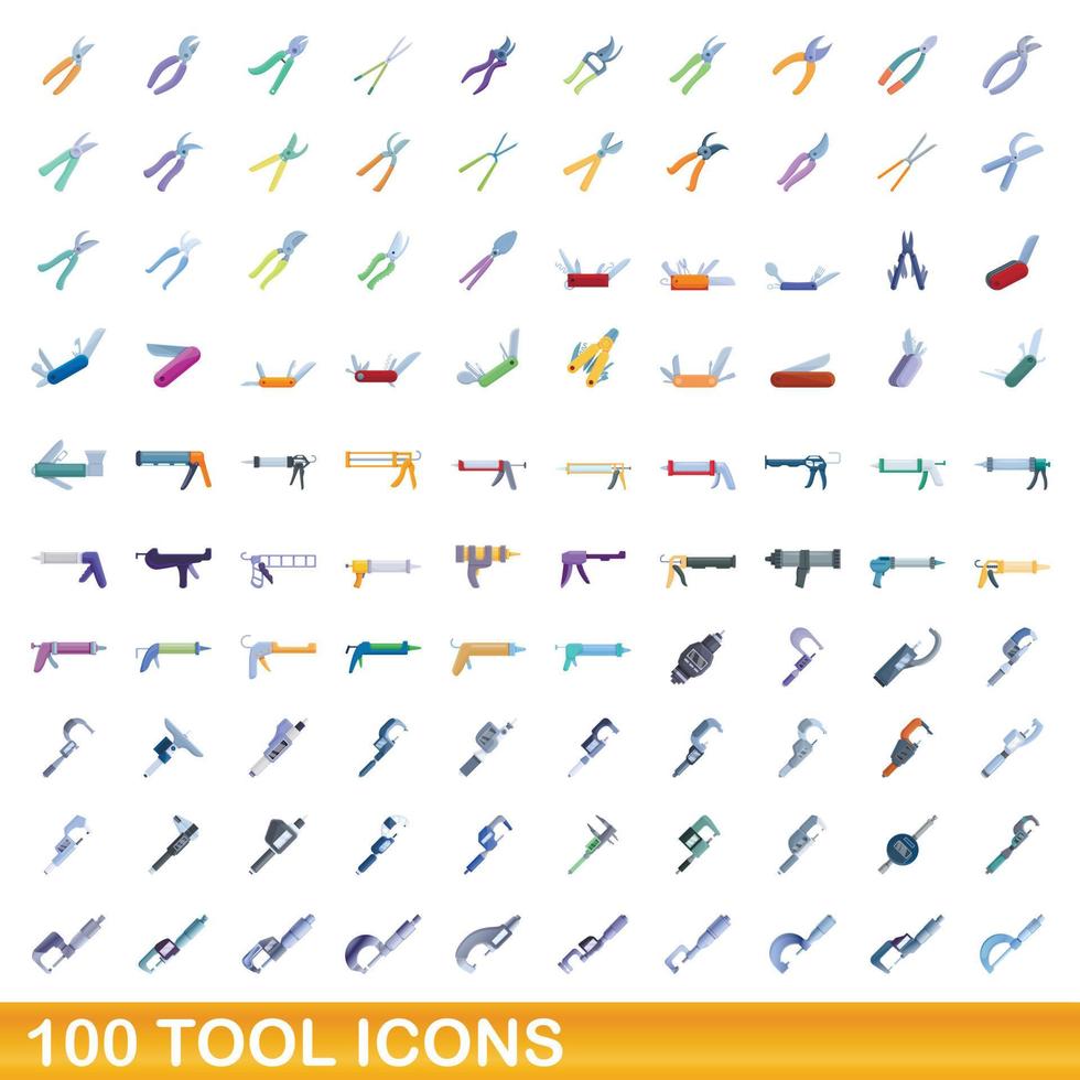 Ensemble de 100 icônes d'outils, style dessin animé vecteur