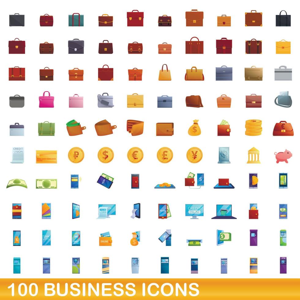 Ensemble de 100 icônes d'affaires, style cartoon vecteur