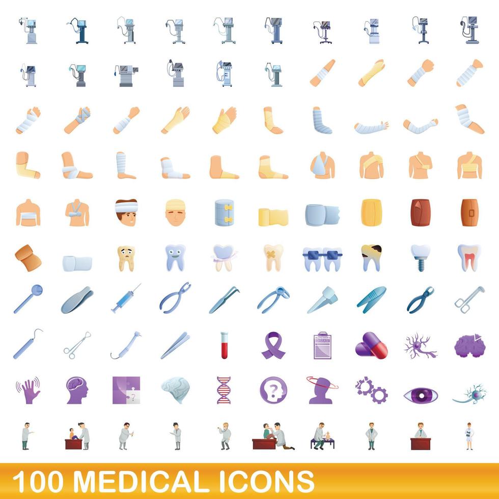 Ensemble de 100 icônes médicales, style cartoon vecteur