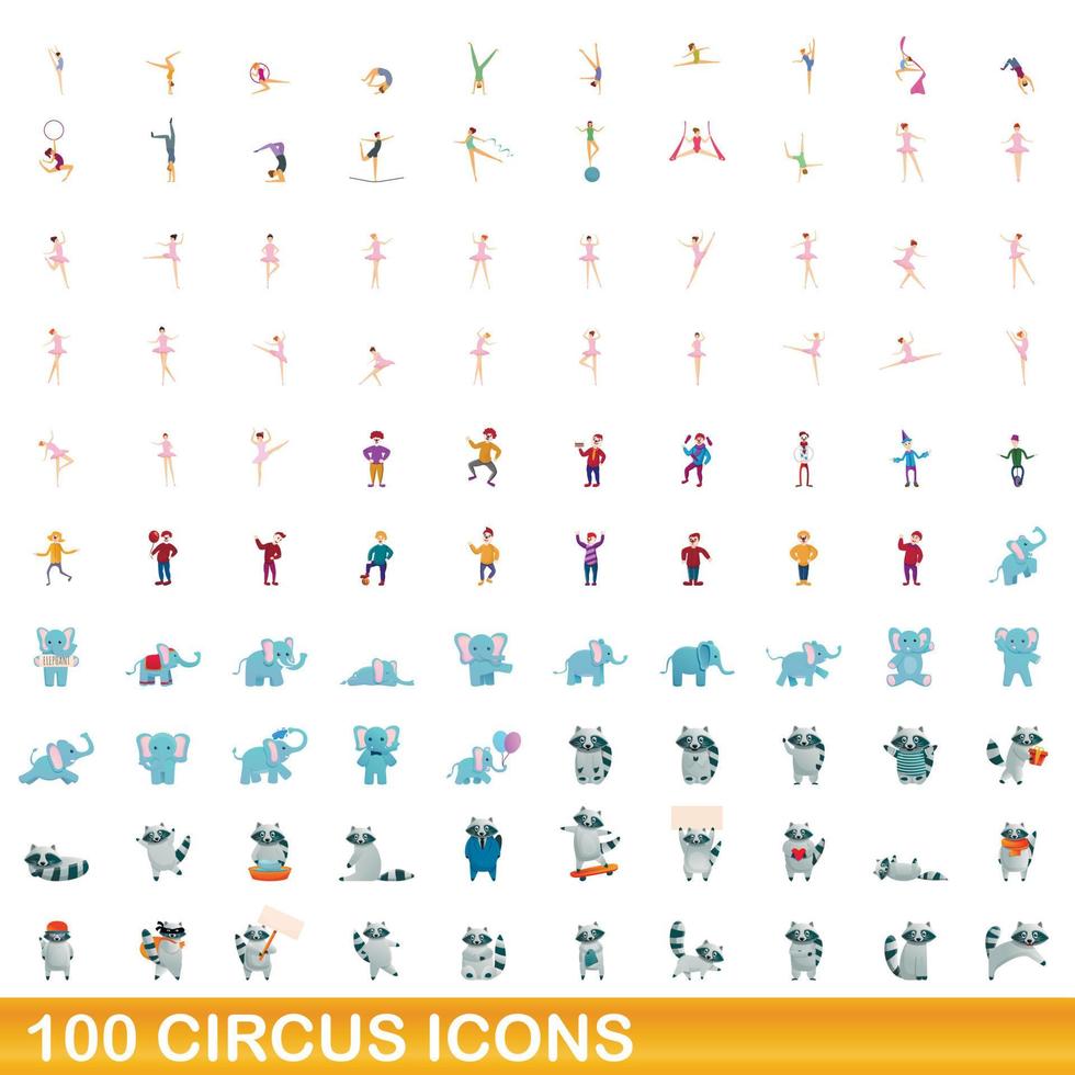 Ensemble de 100 icônes de cirque, style dessin animé vecteur