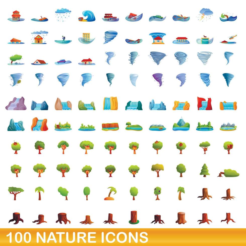 Ensemble de 100 icônes nature, style dessin animé vecteur