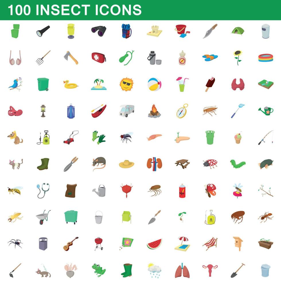 Ensemble de 100 icônes d'insectes, style dessin animé vecteur