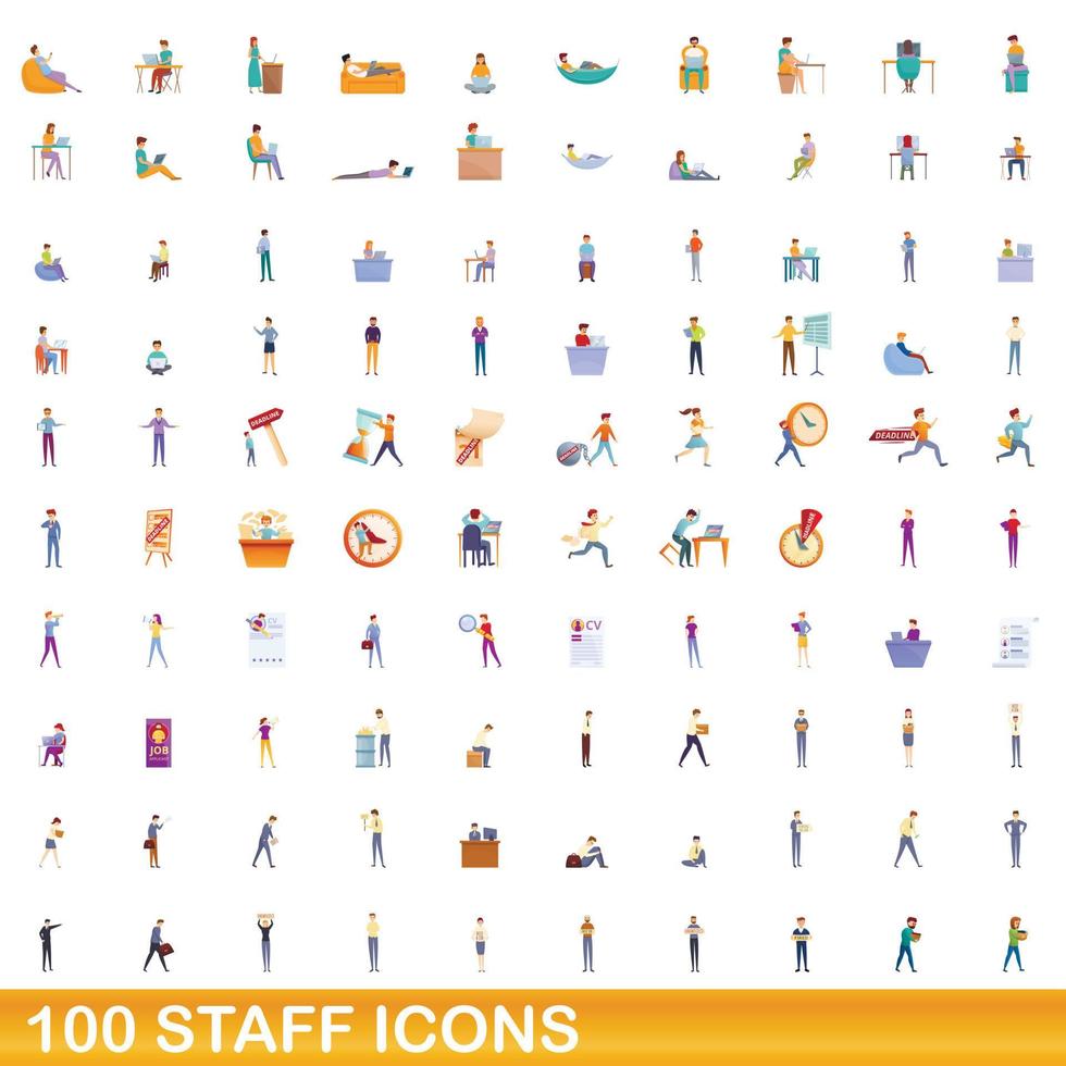 Ensemble de 100 icônes de personnel, style dessin animé vecteur