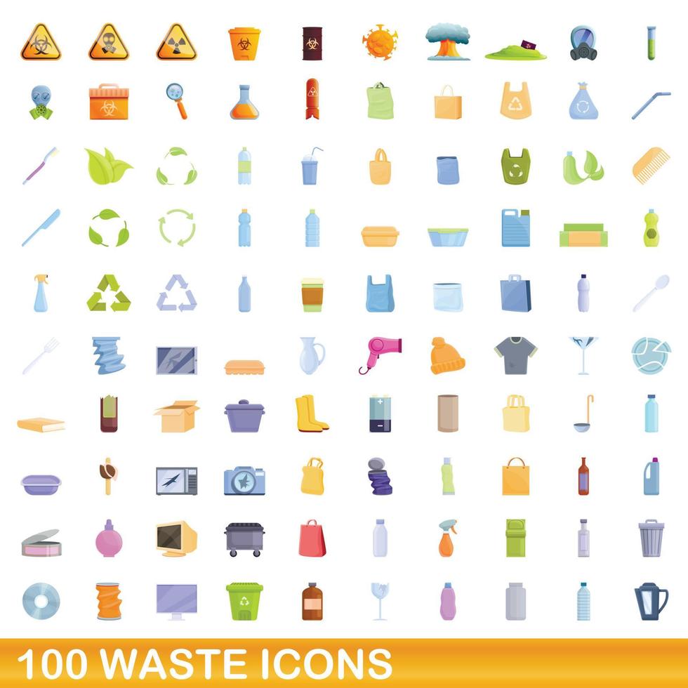 Ensemble de 100 icônes de déchets, style cartoon vecteur