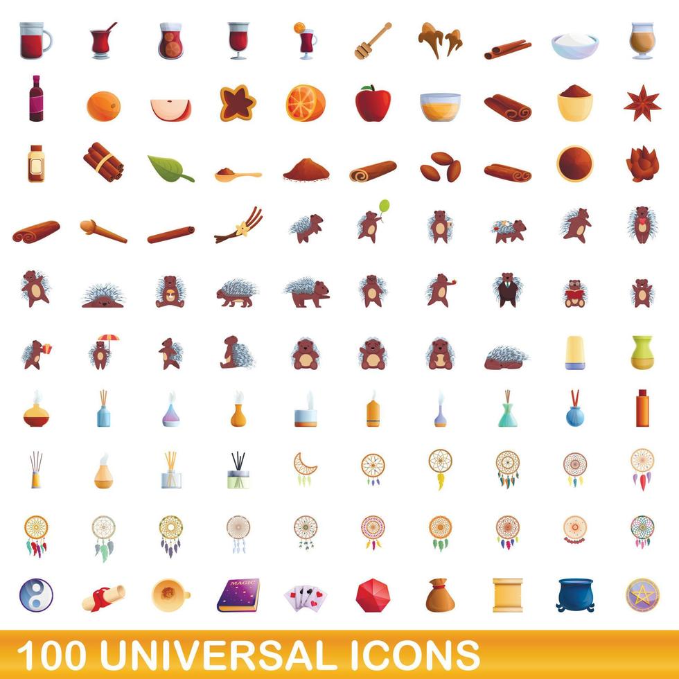 Ensemble de 100 icônes universelles, style dessin animé vecteur