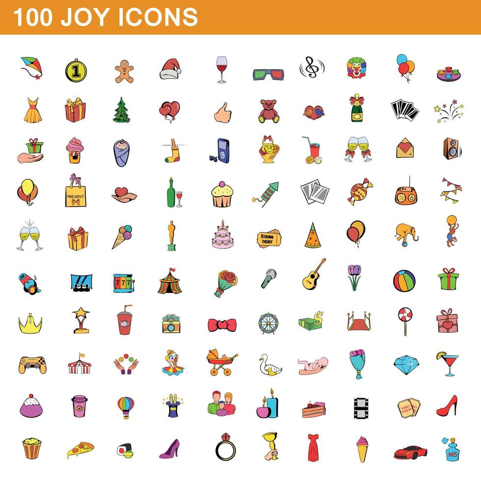 Jeu de 100 icônes de joie, style cartoon vecteur