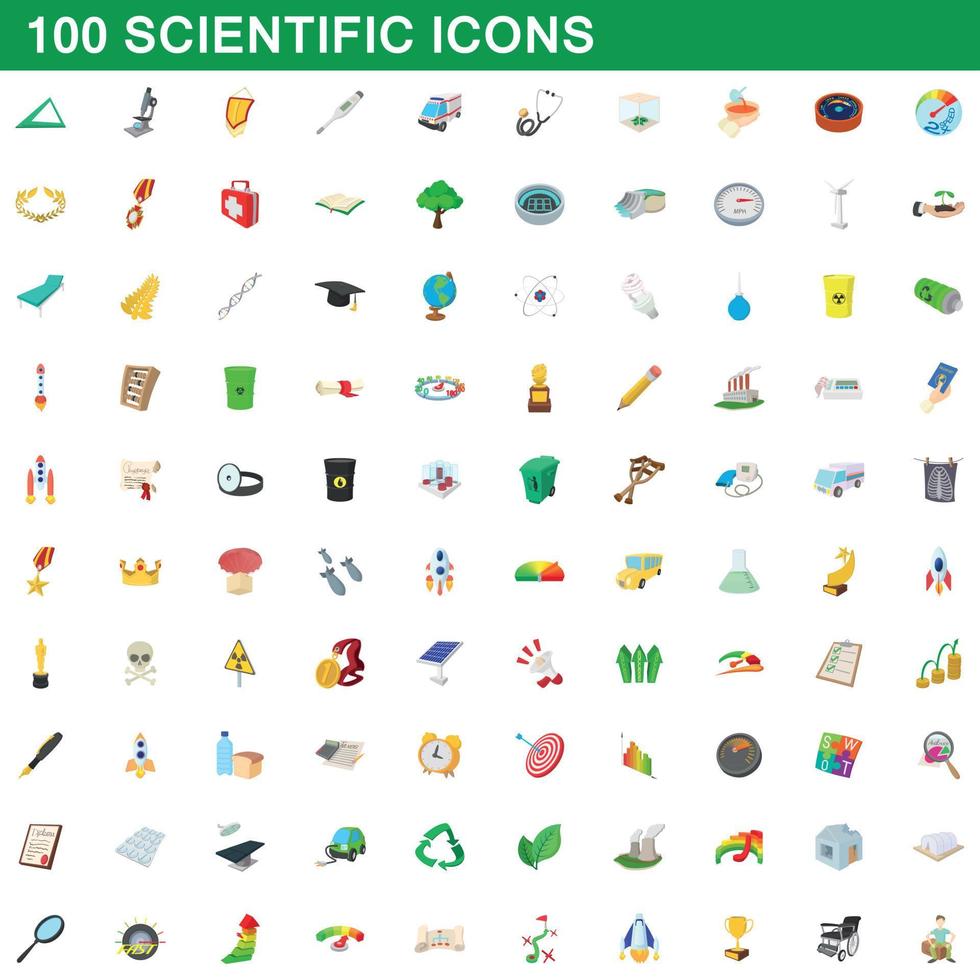 Ensemble de 100 icônes scientifiques, style cartoon vecteur