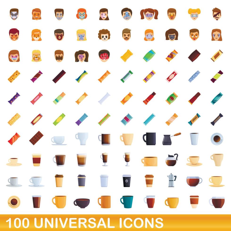 Ensemble de 100 icônes universelles, style dessin animé vecteur