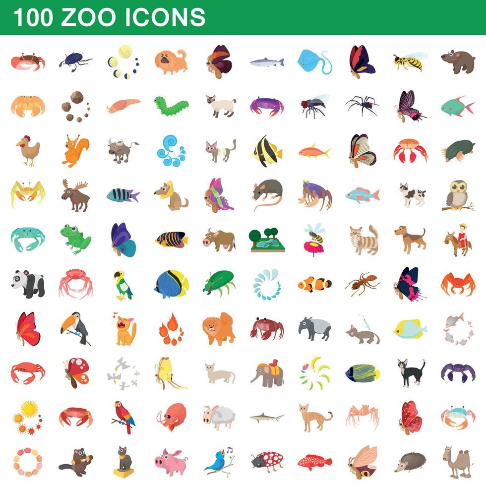 Ensemble de 100 icônes de zoo, style dessin animé vecteur