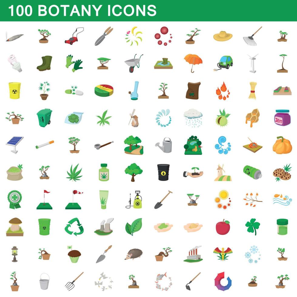 Ensemble de 100 icônes de botanique, style dessin animé vecteur
