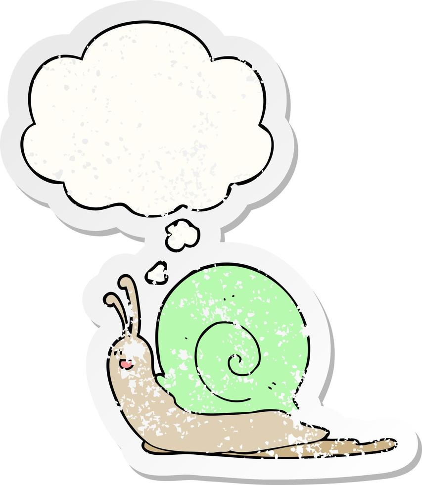 escargot de dessin animé et bulle de pensée comme autocollant usé en détresse vecteur