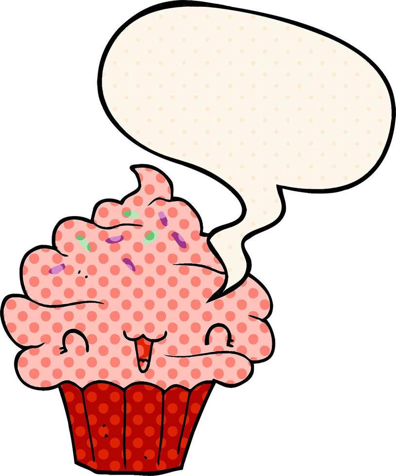 cupcake givré de dessin animé mignon et bulle de dialogue dans le style de la bande dessinée vecteur