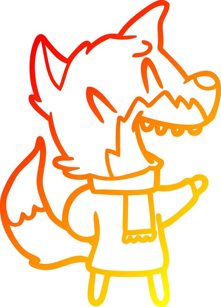ligne de gradient chaud dessinant un renard riant portant des vêtements dhiver vecteur