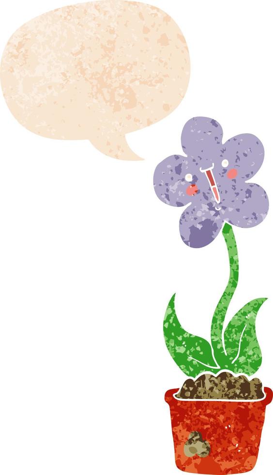 fleur de dessin animé mignon et bulle de dialogue dans un style texturé rétro vecteur