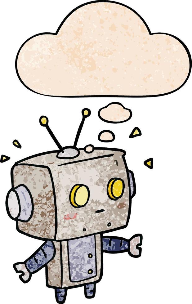 robot de dessin animé et bulle de pensée dans le style de motif de texture grunge vecteur