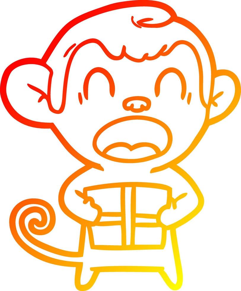 dessin de ligne de gradient chaud criant singe de dessin animé portant un cadeau de noël vecteur