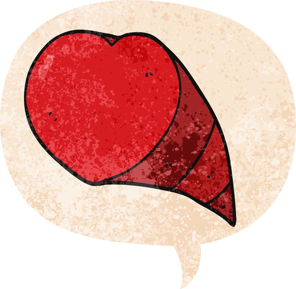symbole de coeur d'amour de dessin animé et bulle de dialogue dans un style texturé rétro vecteur