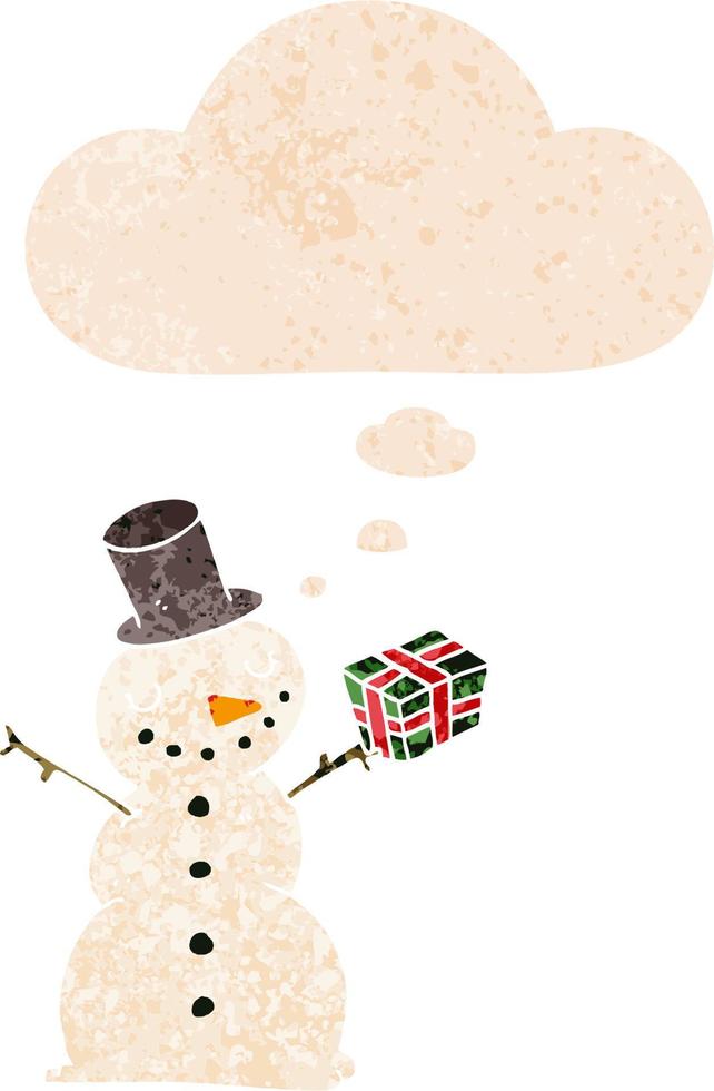 dessin animé bonhomme de neige et bulle de pensée dans un style texturé rétro vecteur