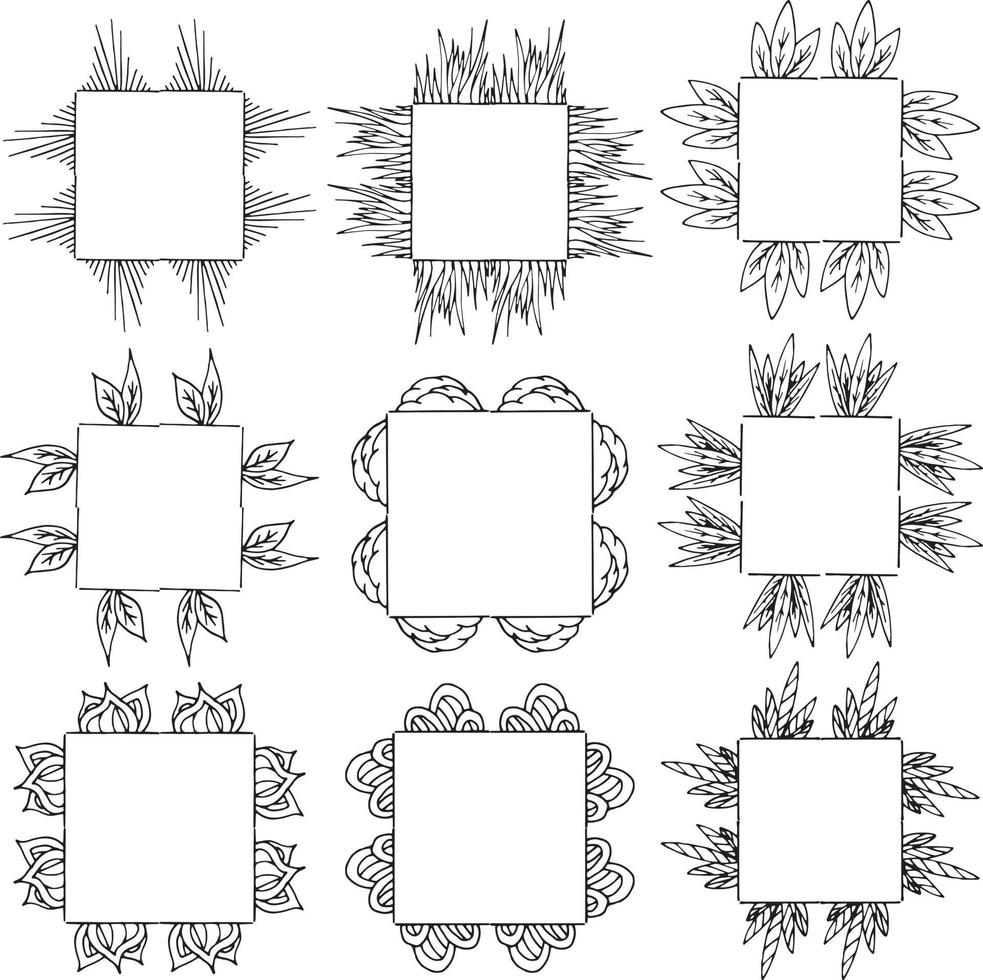 neuf cadres carrés avec des éléments décoratifs. cadres isolés sur fond blanc pour votre conception vecteur
