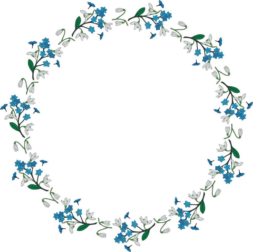 cadre rond avec perce-neige et fleurs myosotis. couronne isolée sur fond blanc pour votre conception vecteur