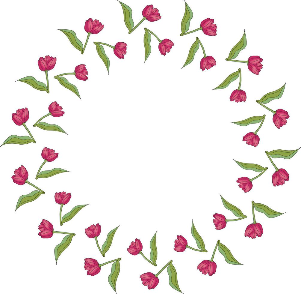 cadre rond avec des tulipes roses en fleurs horizontales confortables sur fond blanc. cadre isolé de fleurs pour votre conception. vecteur