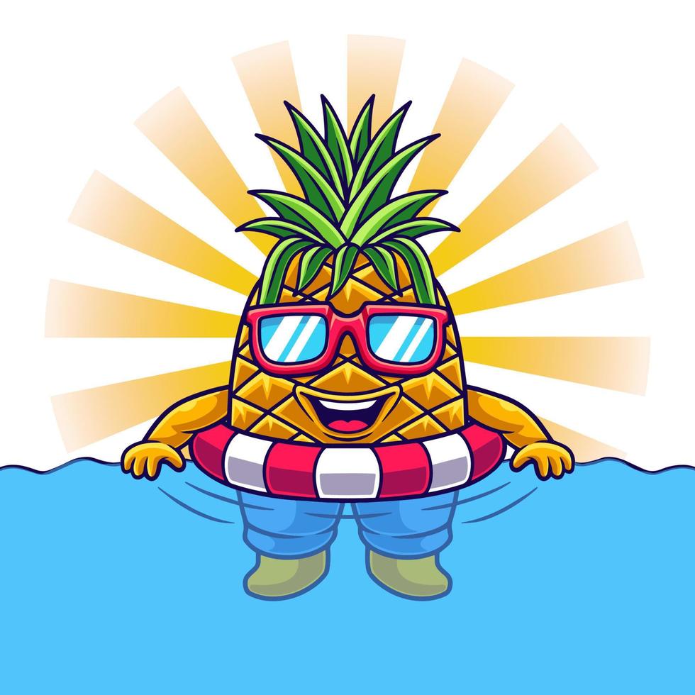 illustration mignonne d'ananas se détendre sur la piscine avec des lunettes vecteur