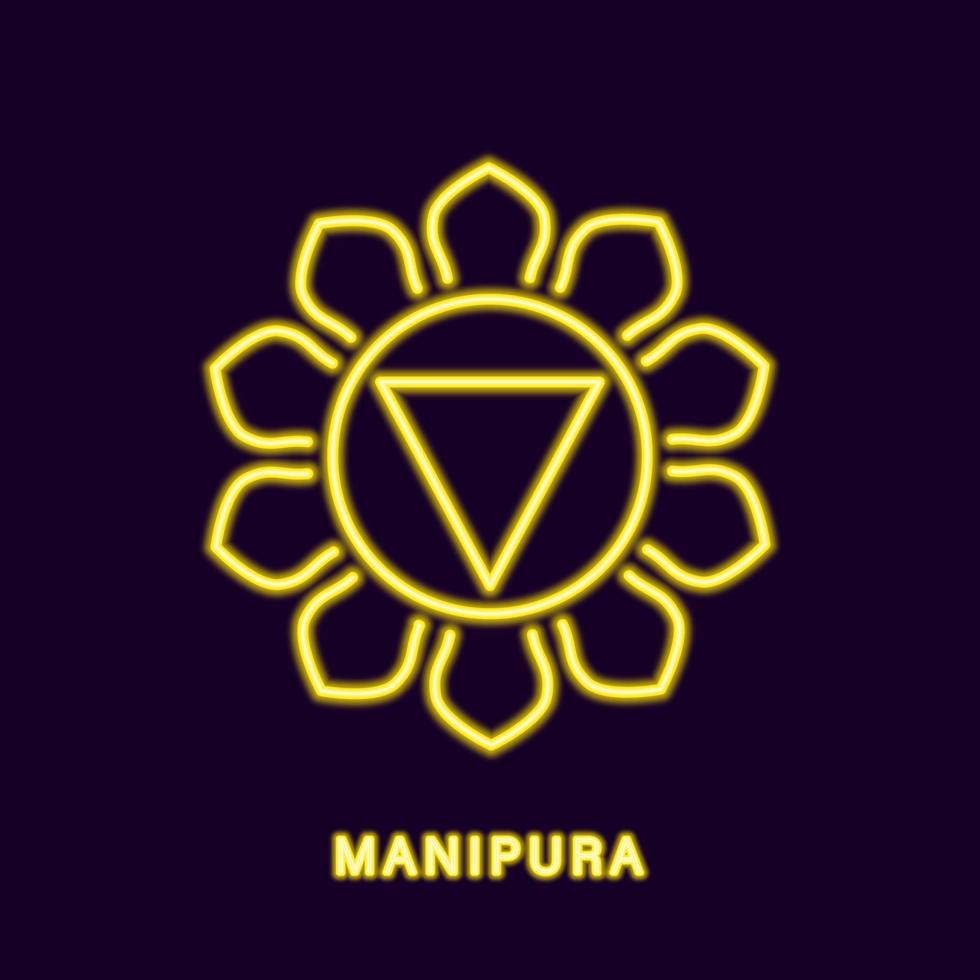 chakra manipura néon doré. symbole jaune lumineux de la connaissance de la structure corporelle et du pouvoir sur les désirs. remèdes nabhishthana pour la maladie et le bonheur vectoriel permanent