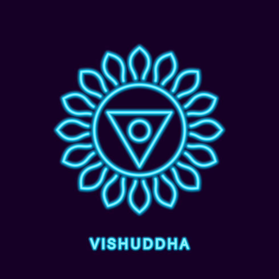 chakra vishuddha néon bleu. symbole lumineux de la porte de la libération et des richesses du yoga. kantha de bienfaiteur universel et vecteur foie long