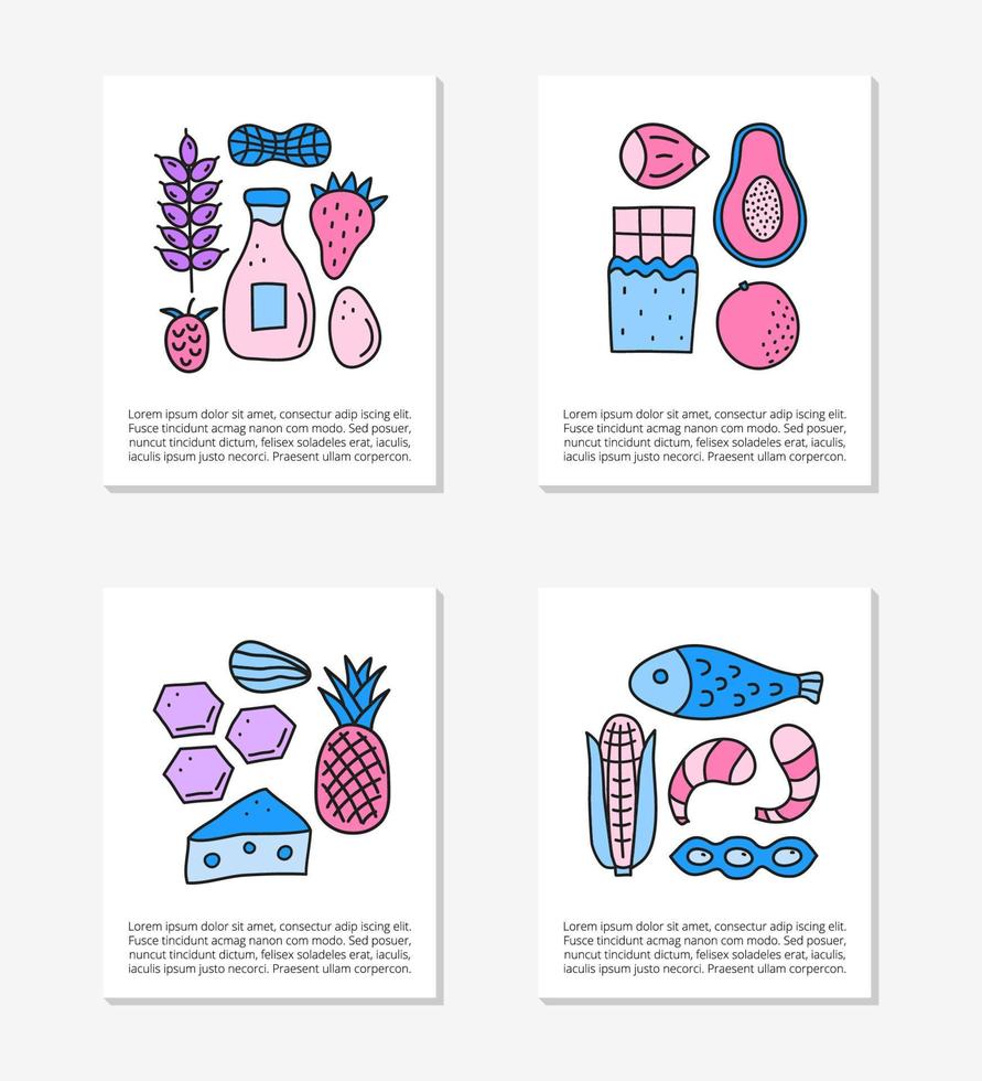 cartes avec des icônes d'allergènes alimentaires de couleur doodle, y compris le poisson, les fruits de mer, le fromage, le lait, le blé, les œufs, les agrumes, le miel, le chocolat, les fruits. espace pour le texte. vecteur