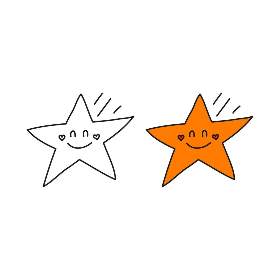 contour de doodle et icône de personnage heureux étoile colorée isolé sur fond blanc. vecteur