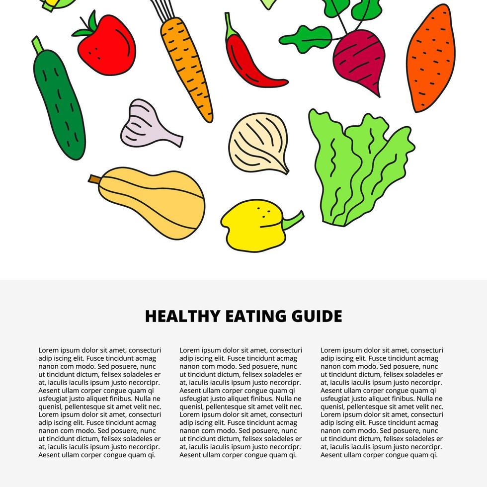 modèle d'article avec du texte et des icônes de légumes alimentaires colorées doodle mignon, y compris l'ail, le concombre, la patate douce, l'oignon, la betterave, la courgette, la courge, la tomate, la carotte, le piment, la laitue, le poivron. vecteur