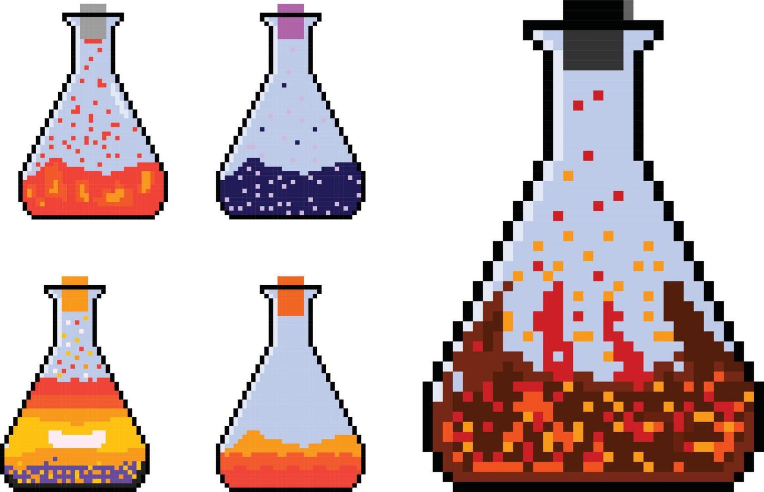 tube à essai pixel art, ensemble de pixels de verrerie de laboratoire scientifique. vecteur