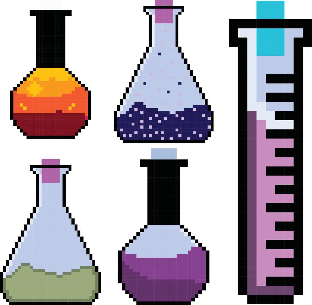 tube à essai pixel art, ensemble de pixels de verrerie de laboratoire scientifique. vecteur