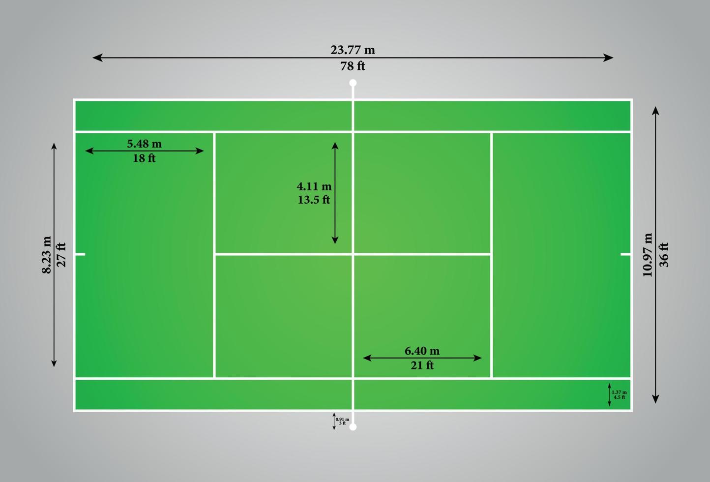 graphique vectoriel de court de tennis, terrain de tennis de sport à surface rectangulaire ferme avec dimensions.