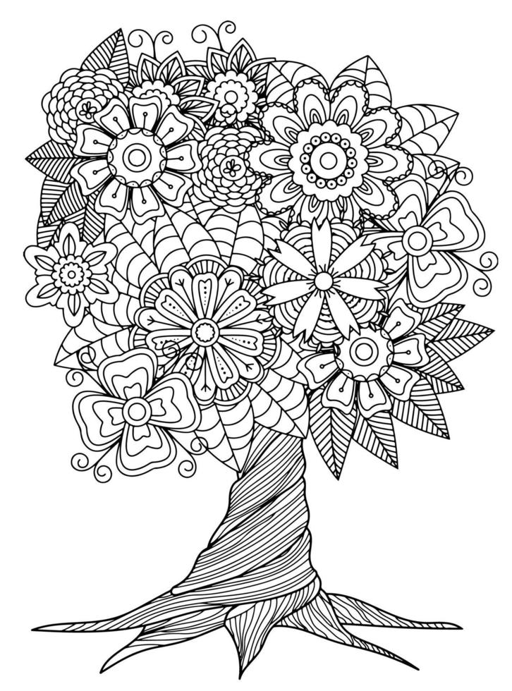 arbre de fleurs pour adultes coloriages vecteur