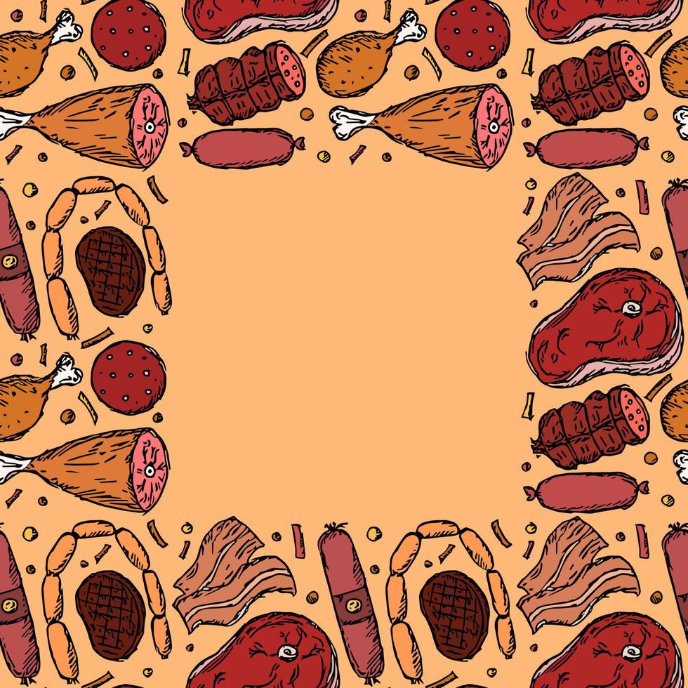 motif de viande sans soudure avec place pour le texte. fond de viande colorée. illustration vectorielle de doodle avec des icônes de produits à base de viande vecteur