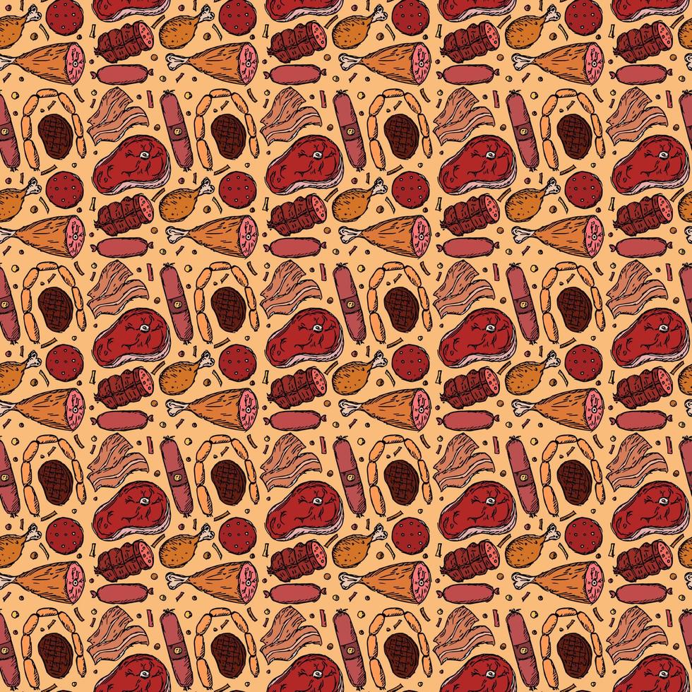 modèle de viande sans soudure. fond de viande colorée. illustration vectorielle de doodle avec des icônes de produits à base de viande vecteur