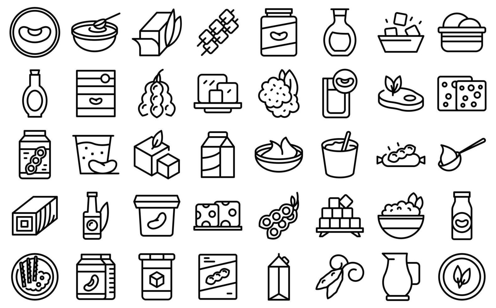 les icônes de nourriture de soja définissent le vecteur de contour. lait de soja
