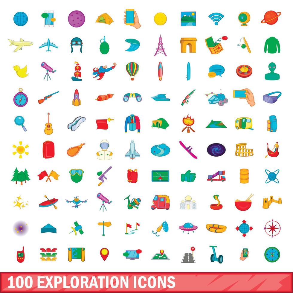 Ensemble de 100 icônes d'exploration, style dessin animé vecteur