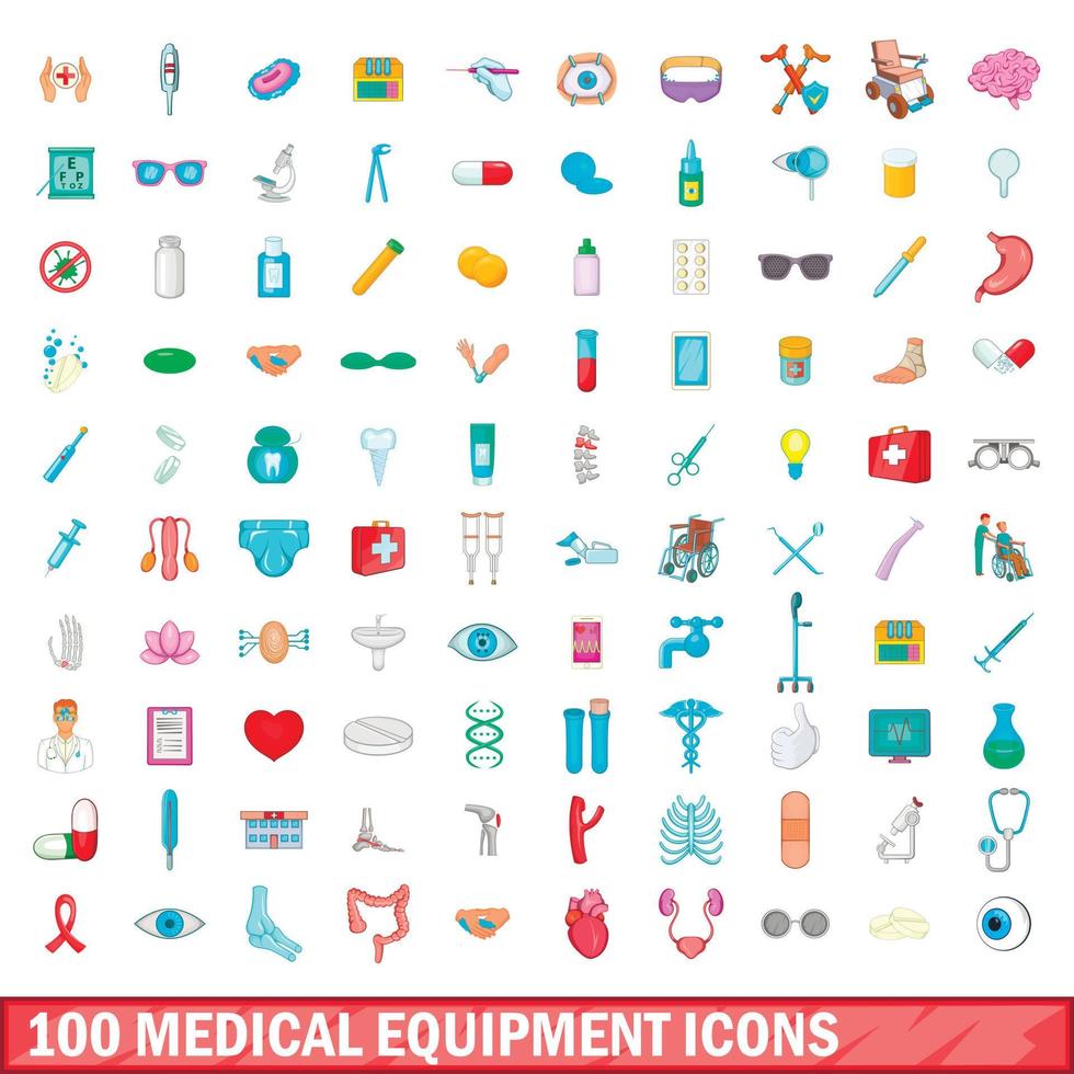Ensemble de 100 icônes d'équipement médical, style dessin animé vecteur