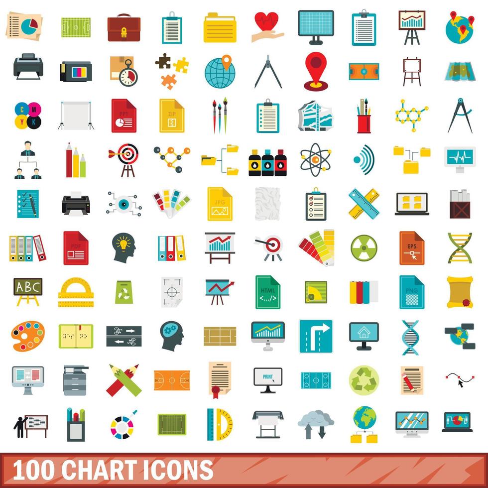 Ensemble de 100 icônes graphiques, style plat vecteur