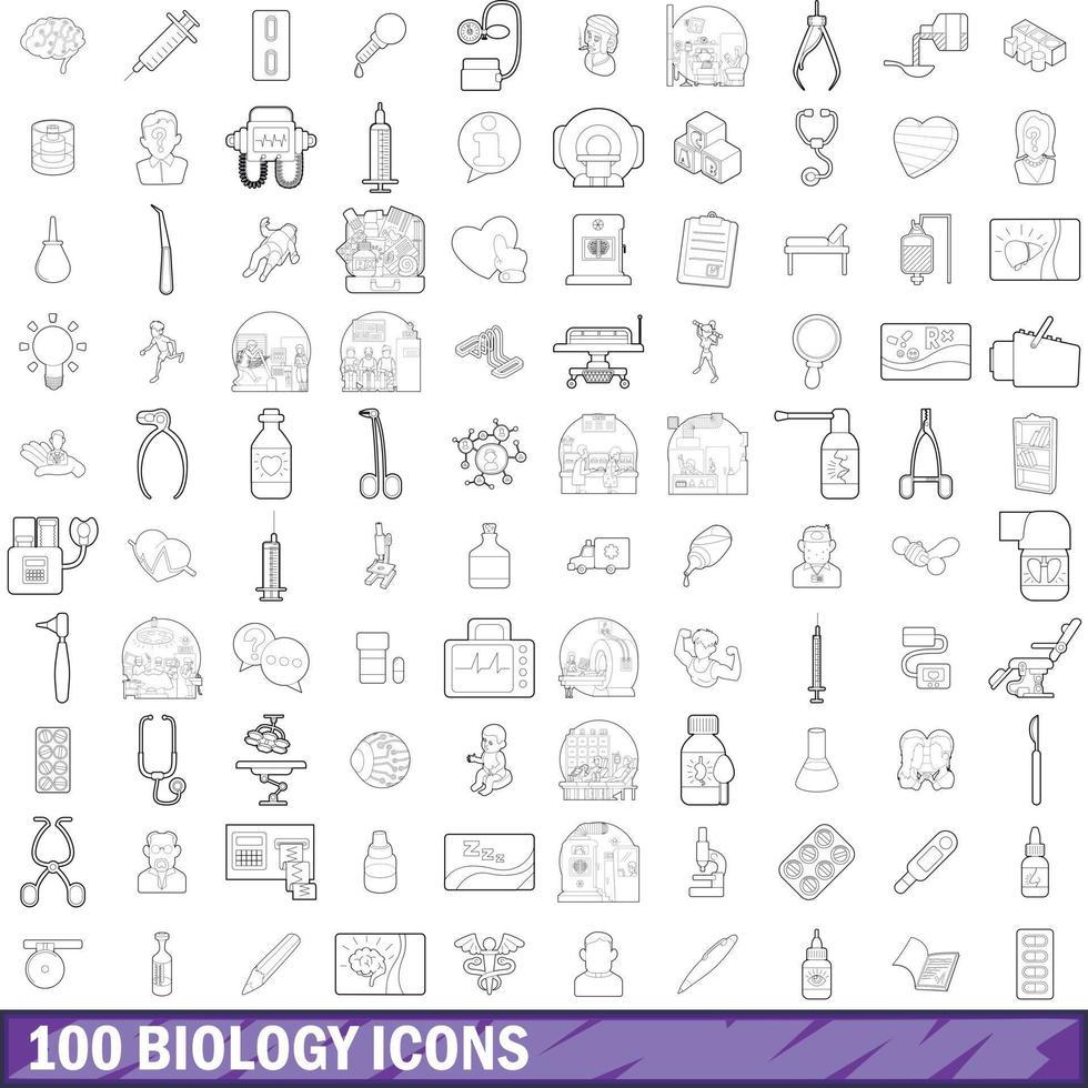 Ensemble de 100 icônes de biologie, style de contour vecteur